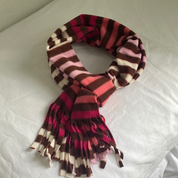 OLD NAVY Pink Brown Cream Stripped Fleece Scarf with Fringes  Sz 10”x 68 - Picture 2 of 9